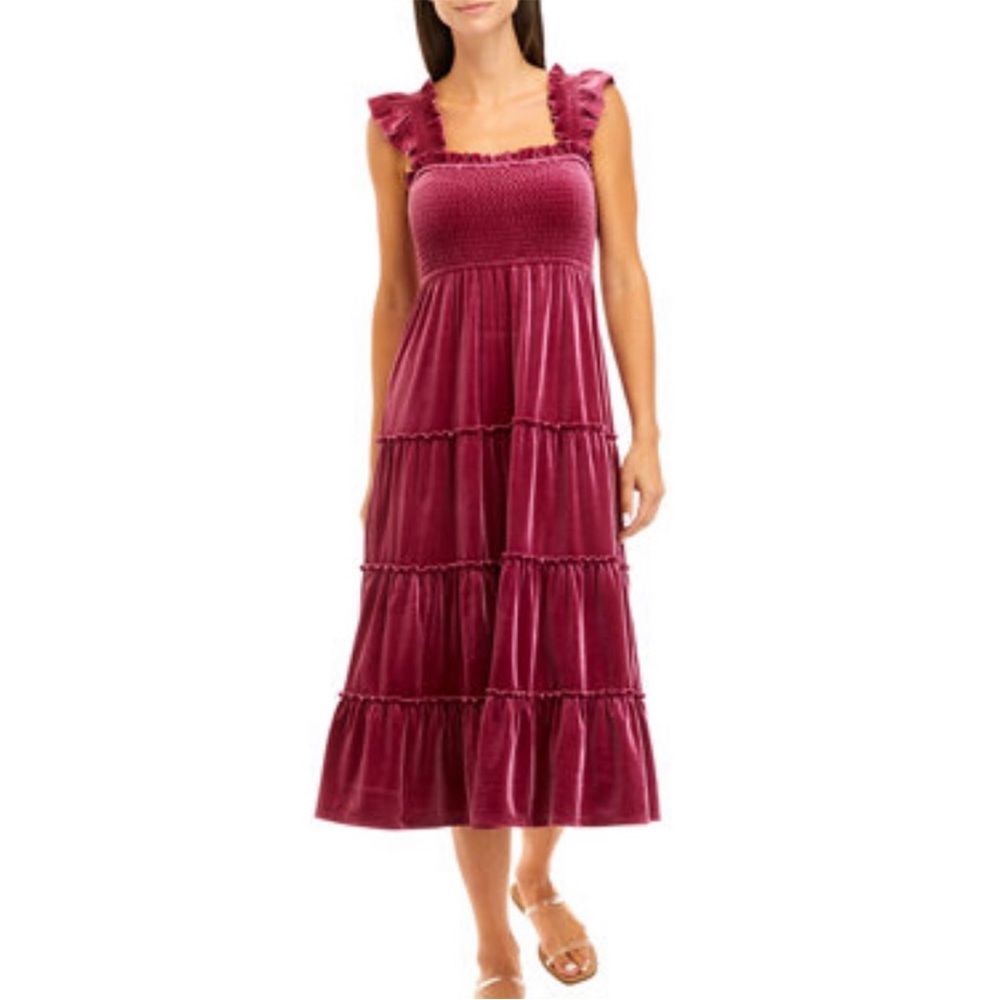 Women’s M Crown & Ivy Velvet Smocked Tiered Ruffle Midi Dress Holiday Cruise